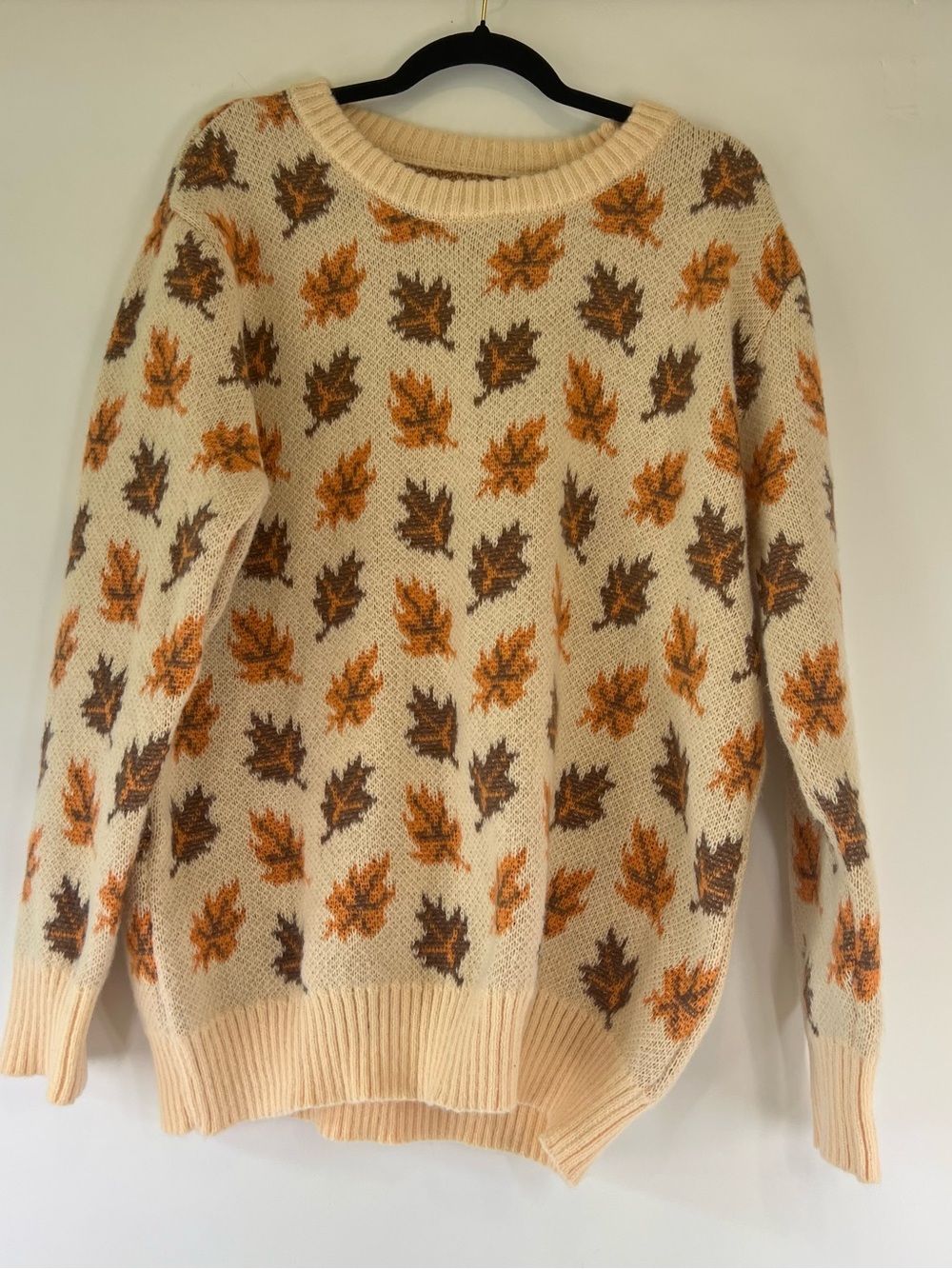 Cream Leaf-Print Crewneck Sweater in Autumn Brown & Orange Fall Cozy XL